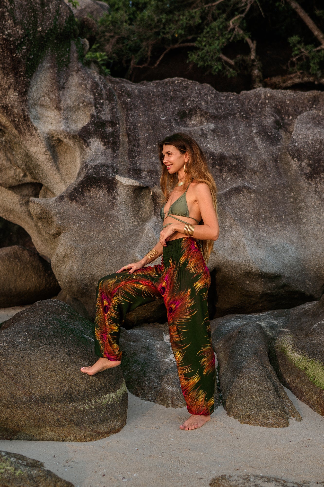 High Crotch Harem Pants - Flame Peacock Feather - Green