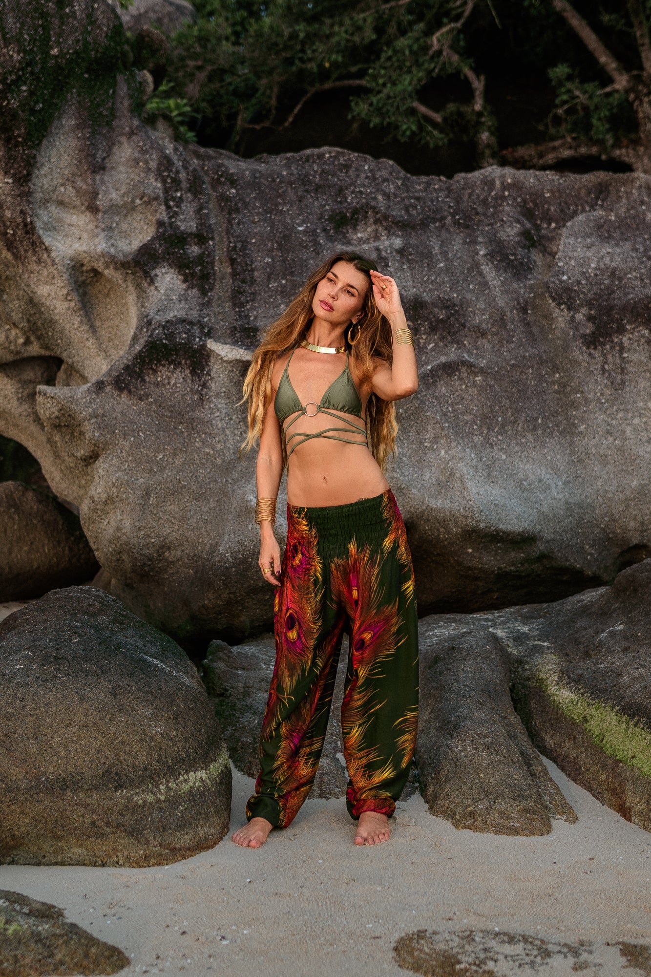 High Crotch Harem Pants - Flame Peacock Feather - Green