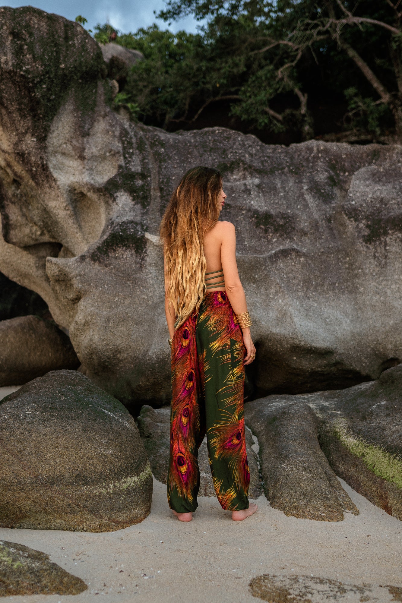 High Crotch Harem Pants - Flame Peacock Feather - Green