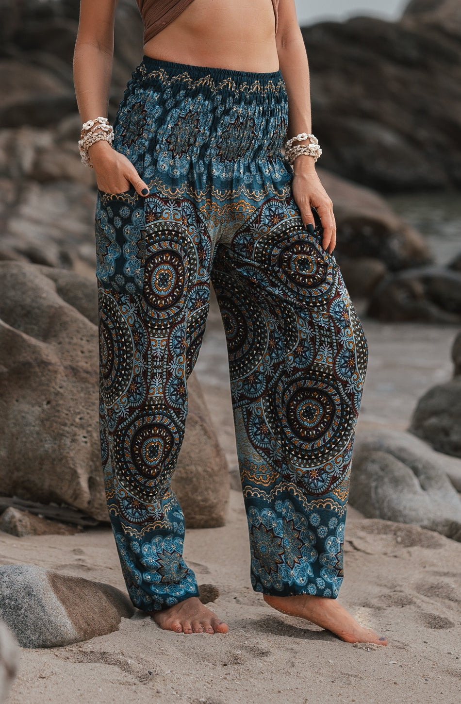 High Crotch Harem Pants - New Mandala Print - Grey/Blue
