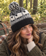 Grey, Cream & Black Sheep Wool Hat with Pom Pom - Fleece Lined