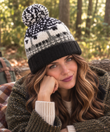 Grey, Cream & Black Sheep Wool Hat with Pom Pom - Fleece Lined