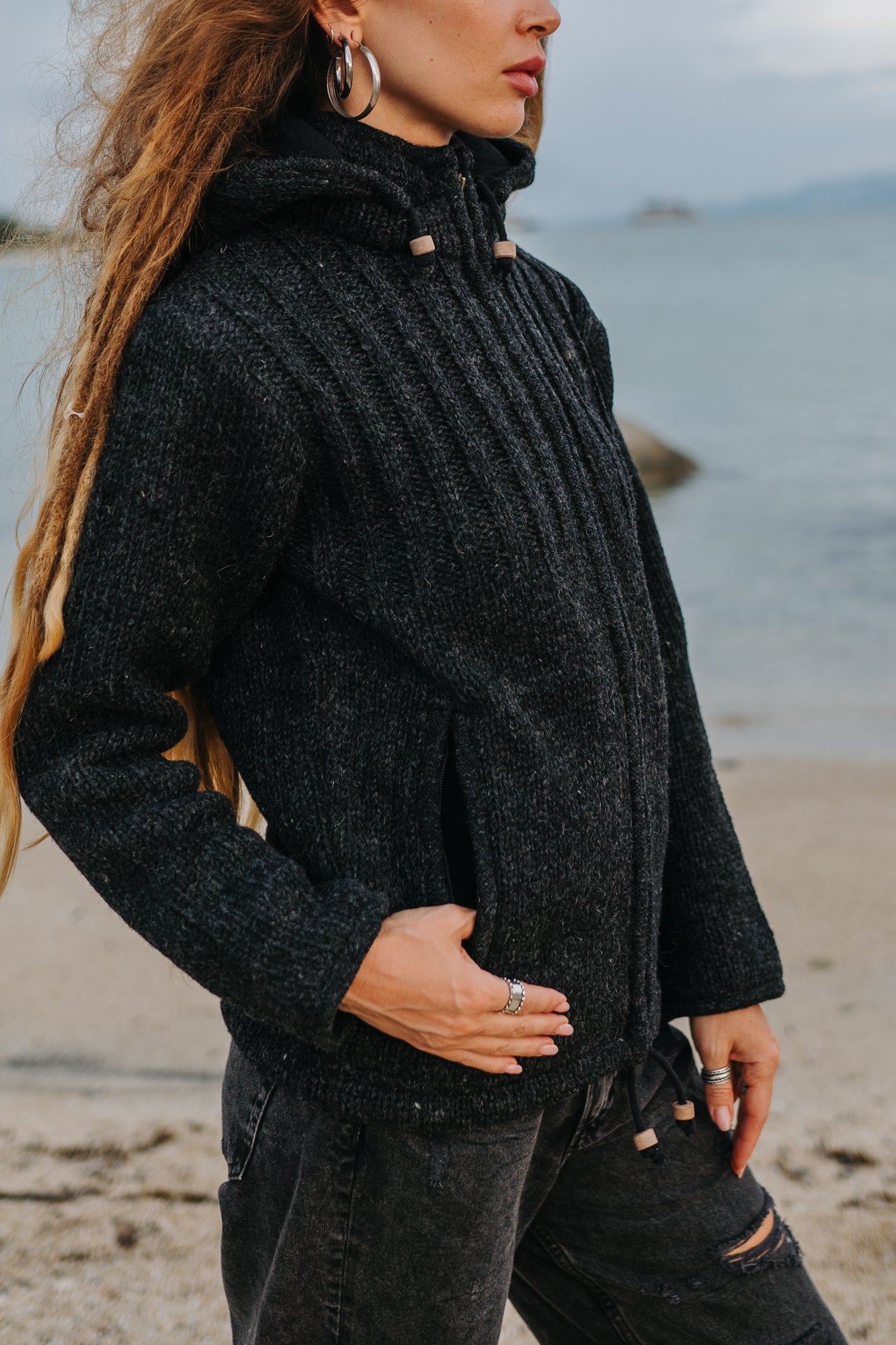 Wool Jacket - Ribbed Top - Charcoal