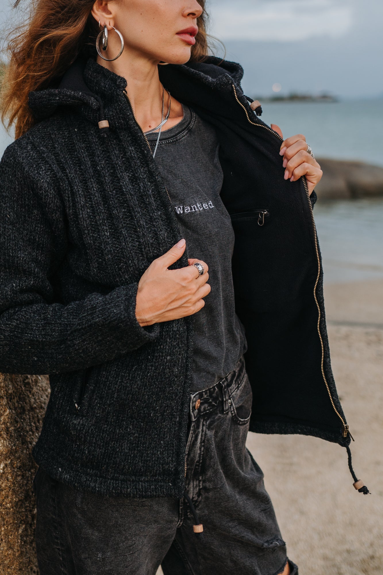 Wool Jacket - Ribbed Top - Charcoal