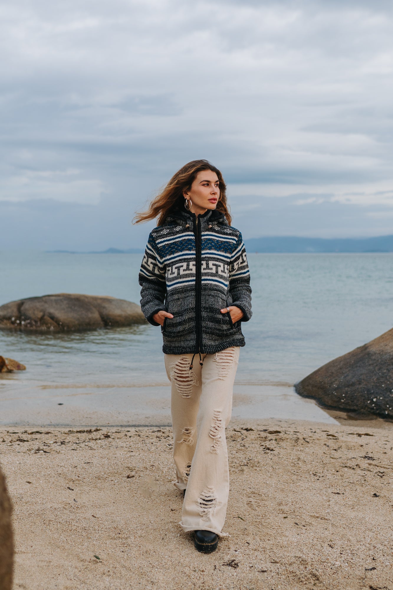 Wool Jacket - Aztec Pattern - Grey/Teal