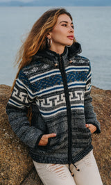 Wool Jacket - Aztec Pattern - Grey/Teal