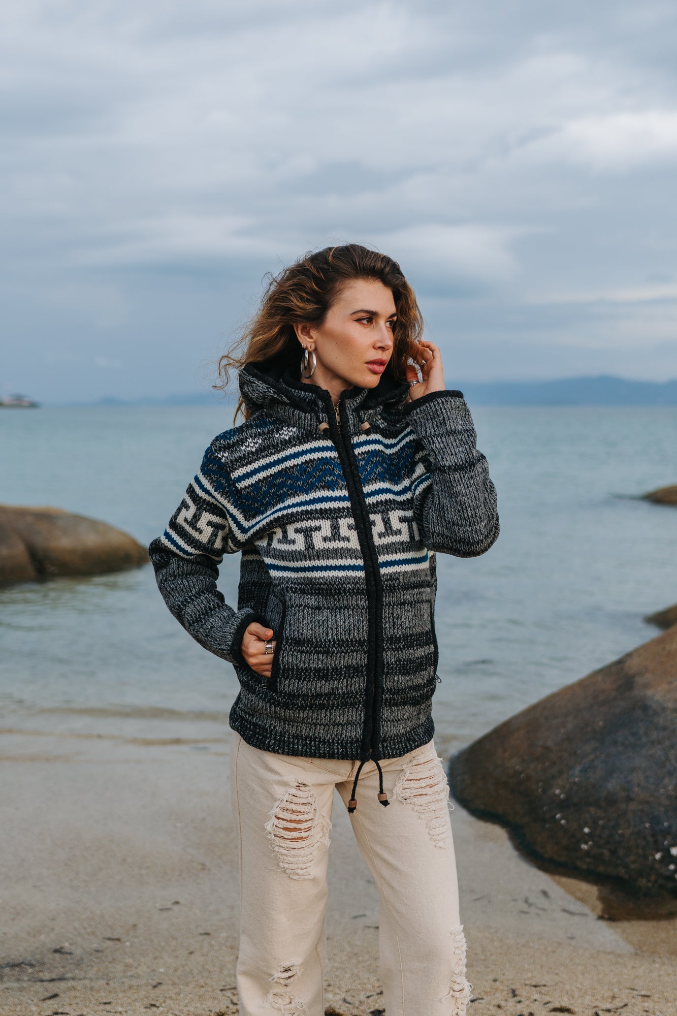 Wool Jacket - Aztec Pattern - Grey/Teal