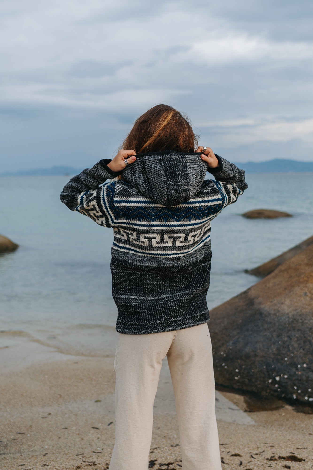 Wool Jacket - Aztec Pattern - Grey/Teal