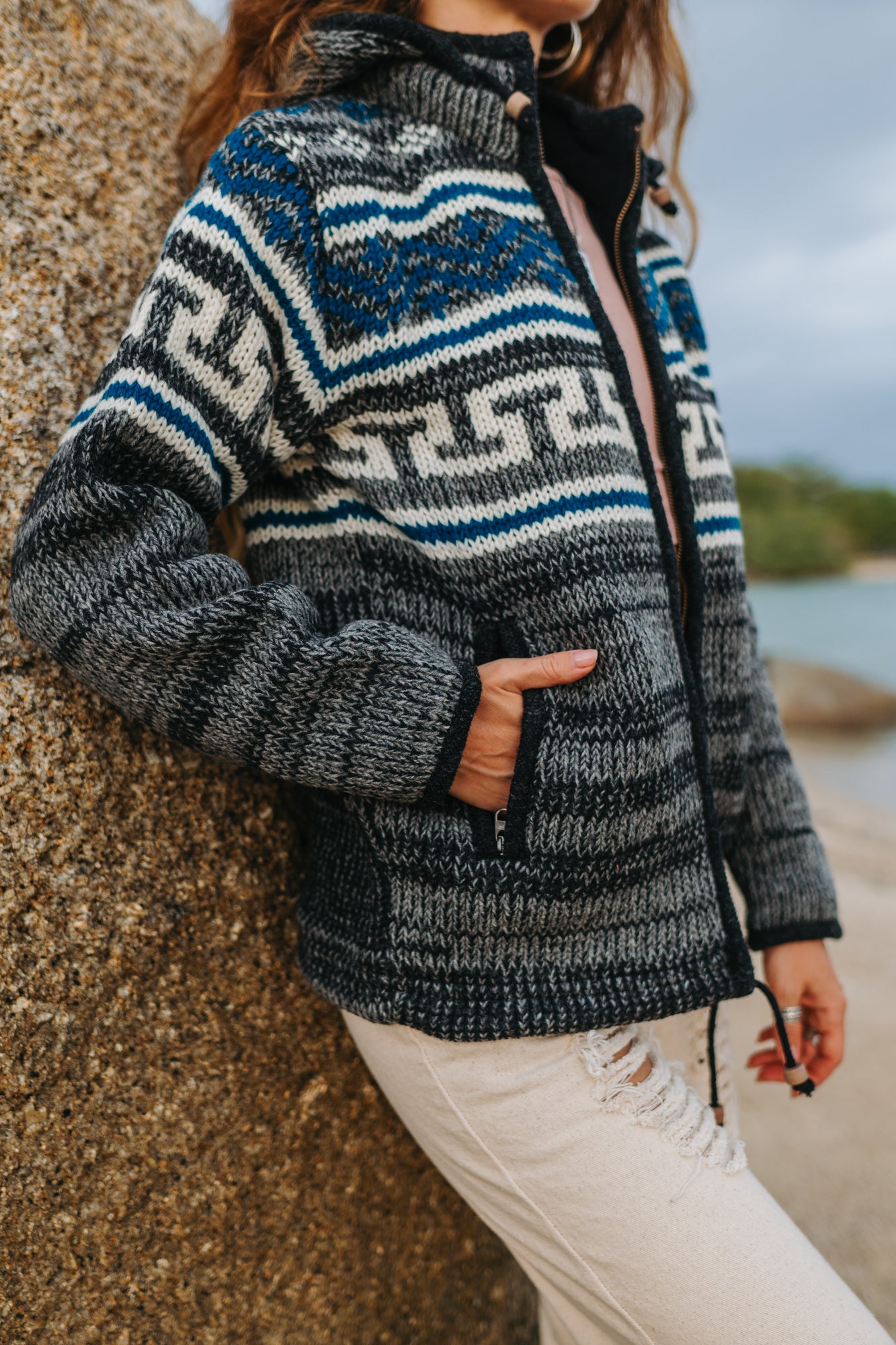 Wool Jacket - Aztec Pattern - Grey/Teal