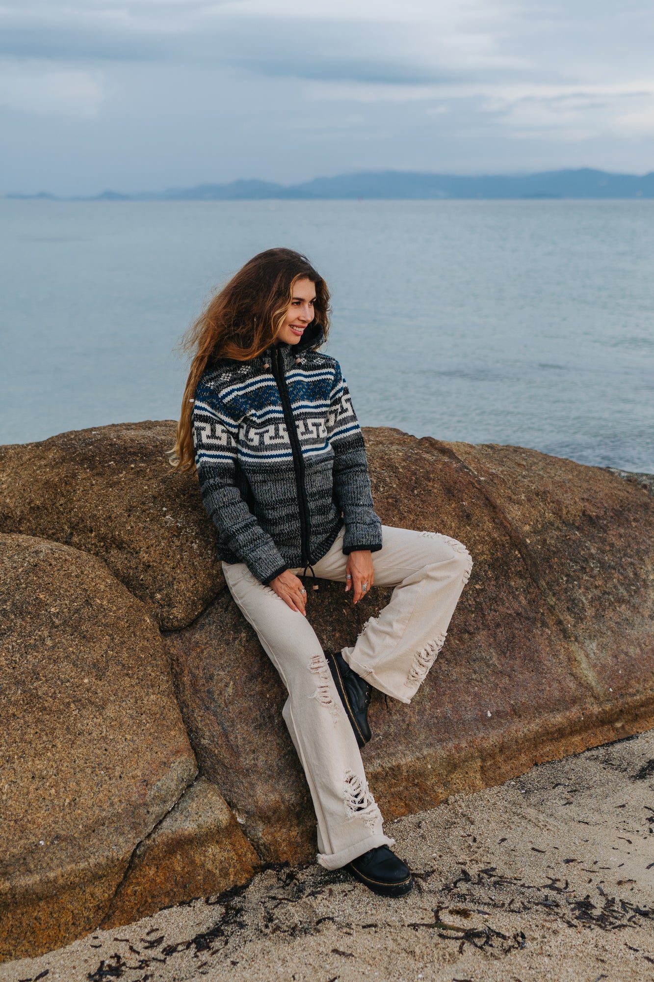 Wool Jacket - Aztec Pattern - Grey/Teal