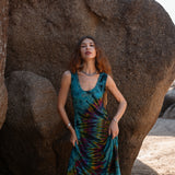 Sleeveless hippie dress in teal spiral tie dye