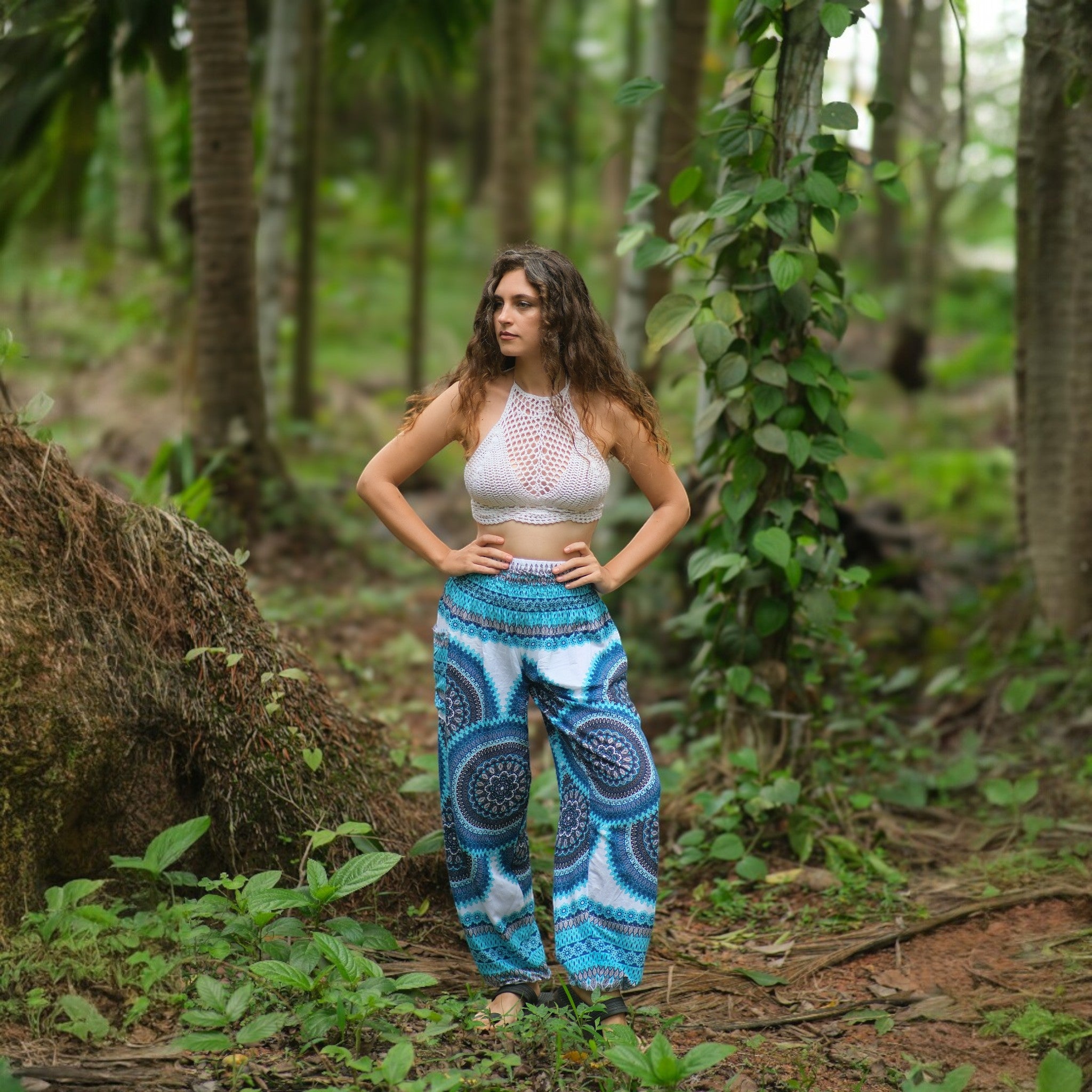 White Mandala High Cut Harem Pants - Turquoise
