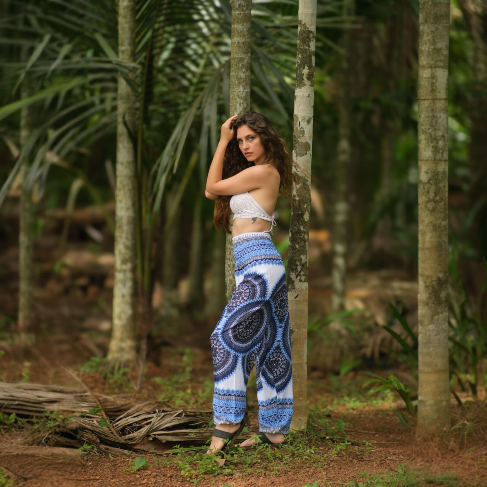White Mandala High Cut Harem Pants - Blue
