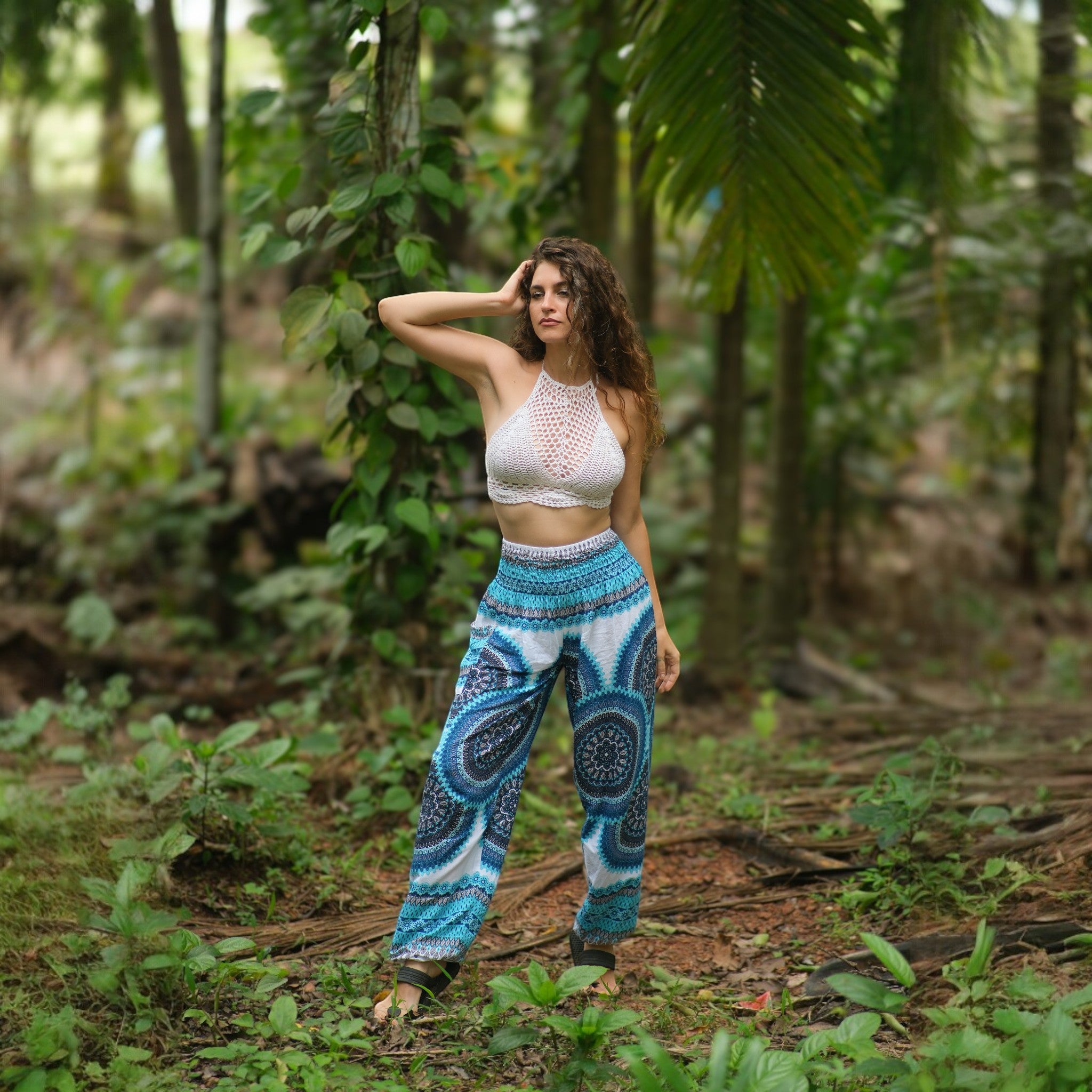 White Mandala High Cut Harem Pants - Turquoise