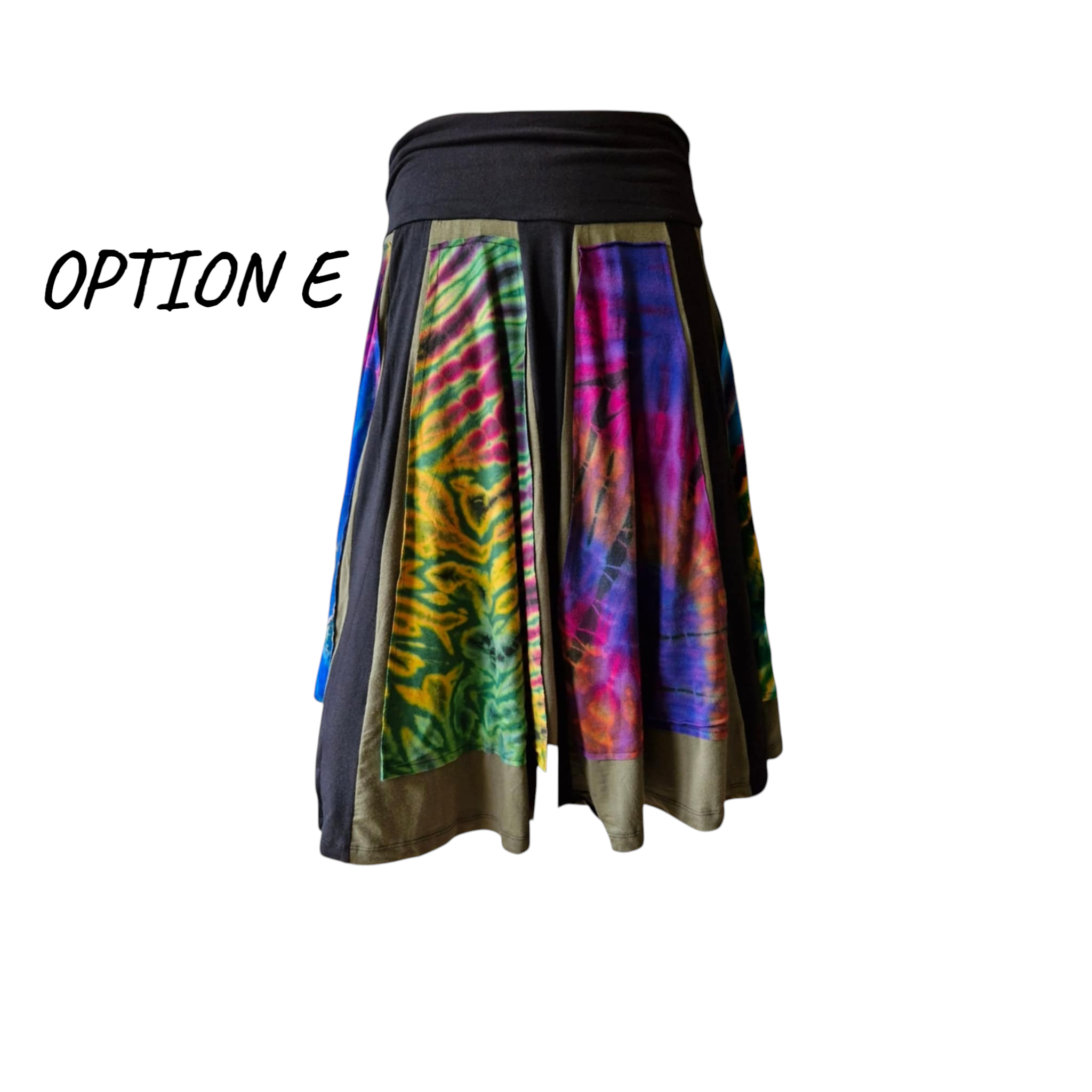 Hippie-style patchwork midi skirt in rich rainbow and earthy tones with a wide, fold-over waistband