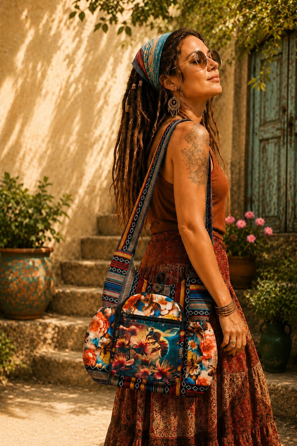 Large Multicolour Boho Cotton Shoulder Bag – Bee & Floral Print
