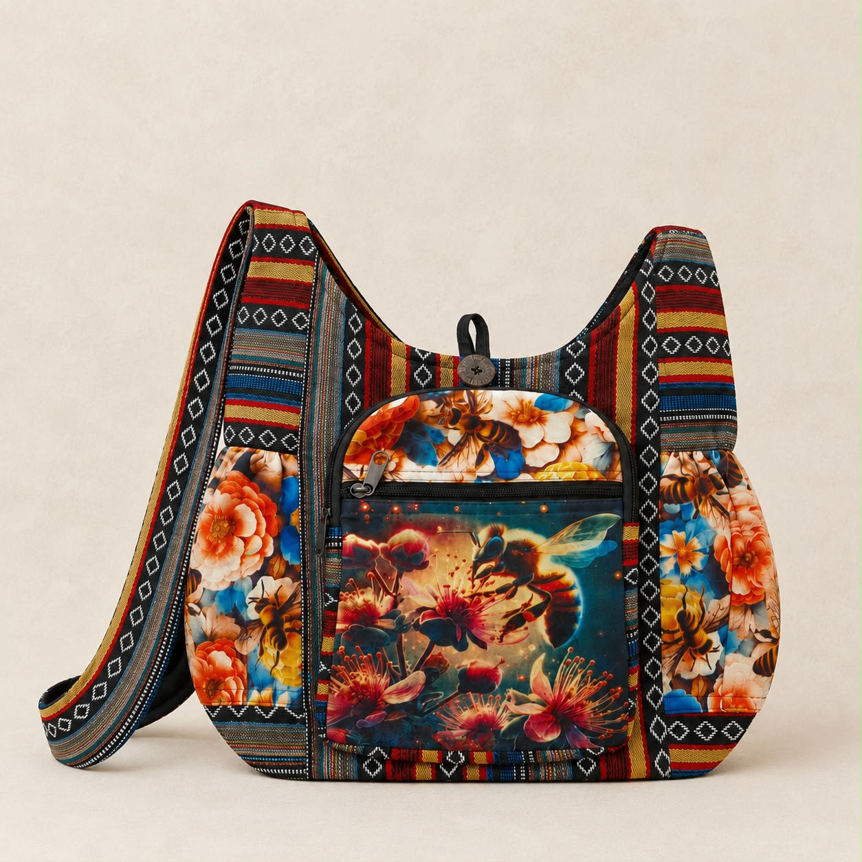 Large Multicolour Boho Cotton Shoulder Bag – Bee & Floral Print