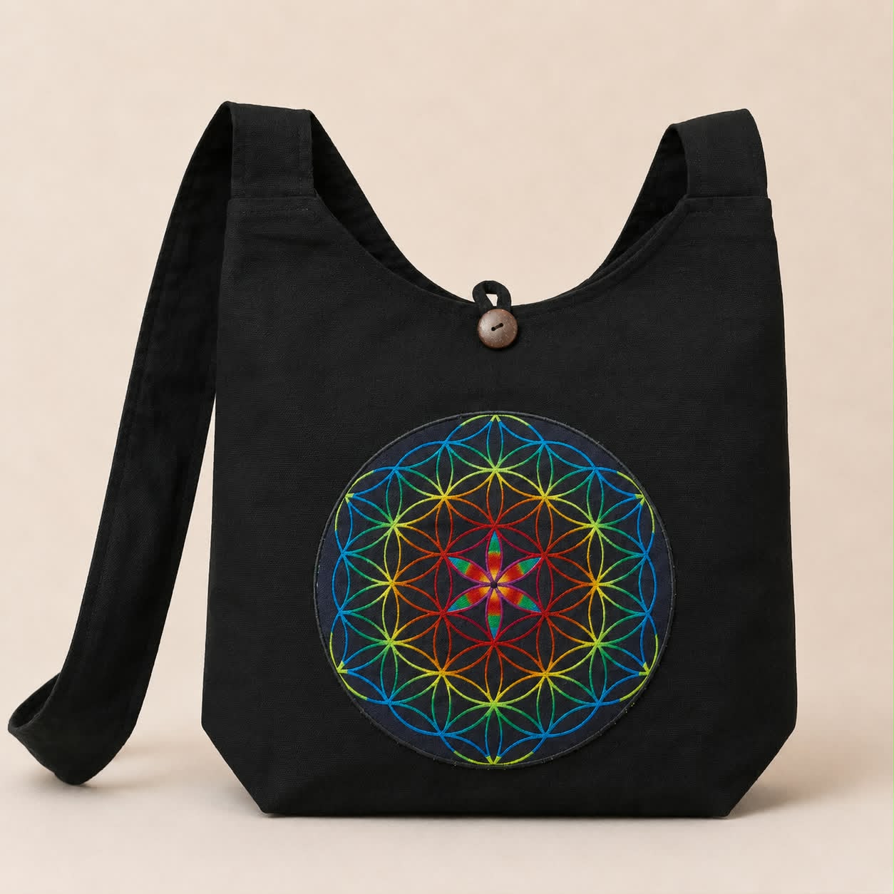 Large Black Cotton Flower of Life Shoulder Bag