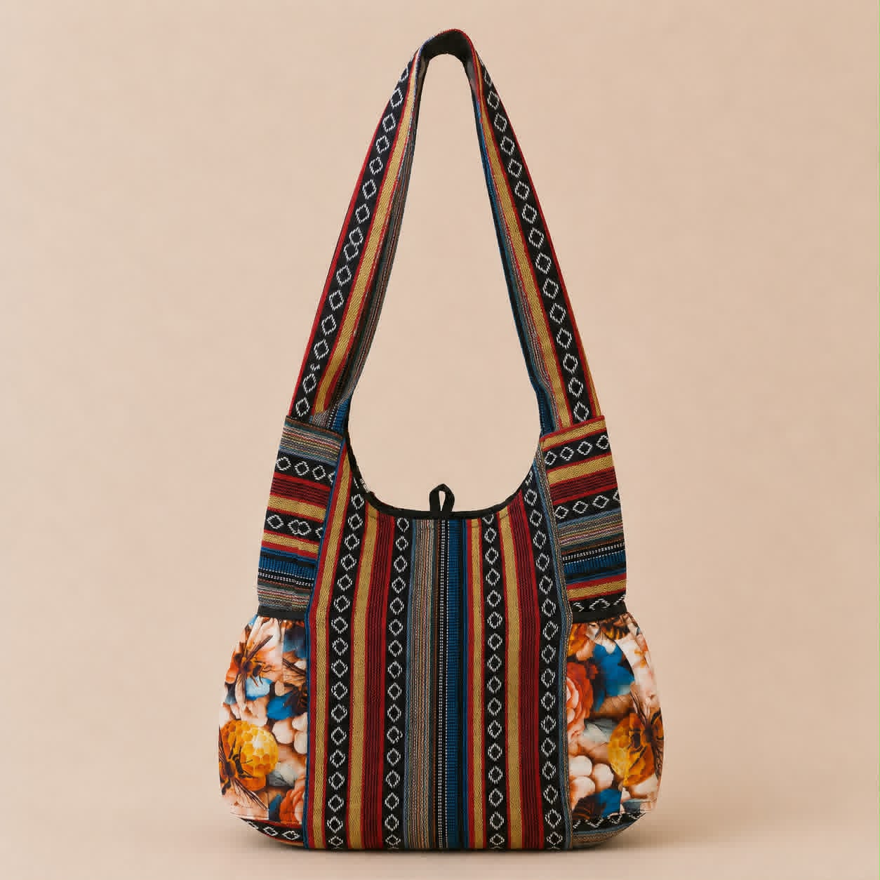 Large Multicolour Boho Cotton Shoulder Bag – Bee & Floral Print