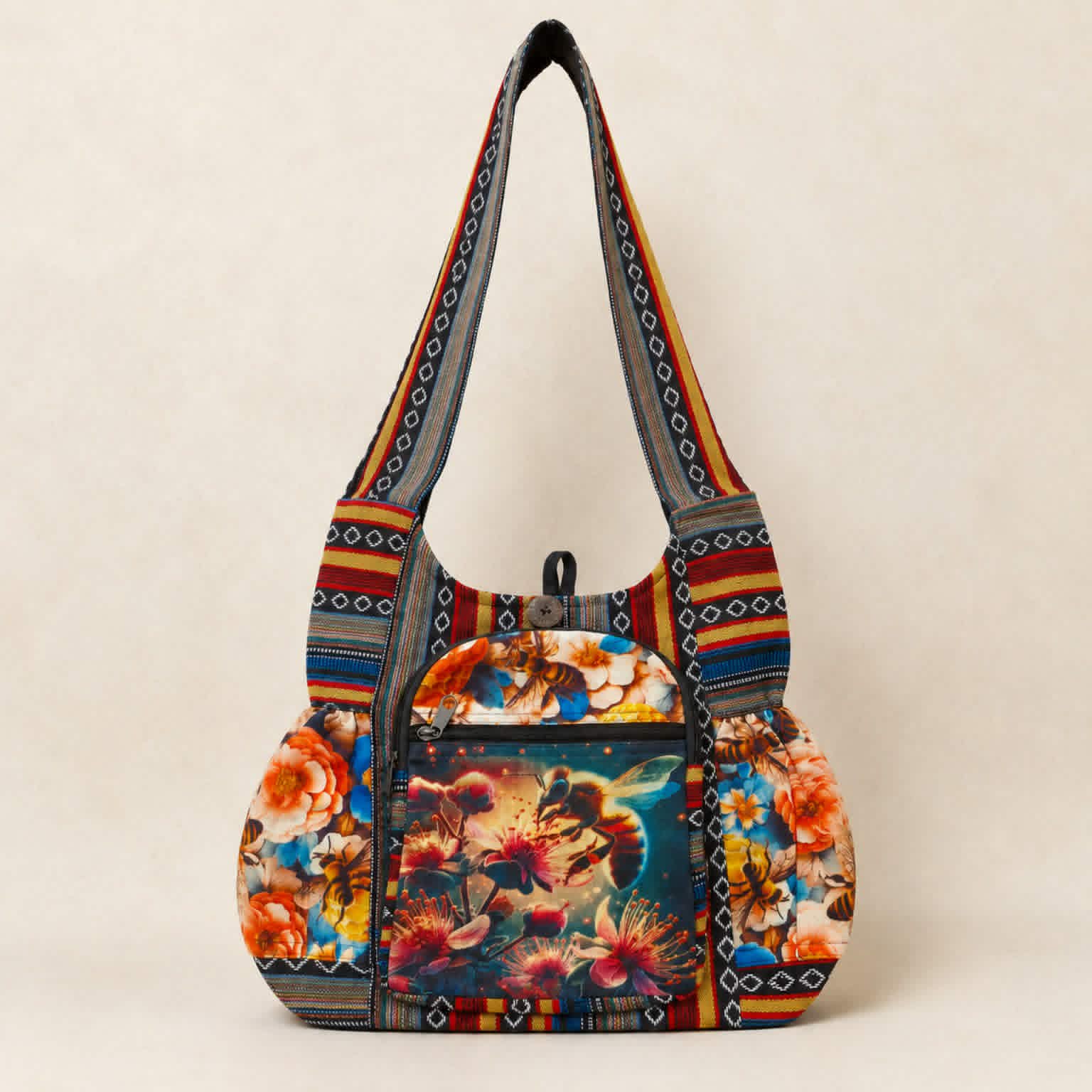 Large Multicolour Boho Cotton Shoulder Bag – Bee & Floral Print