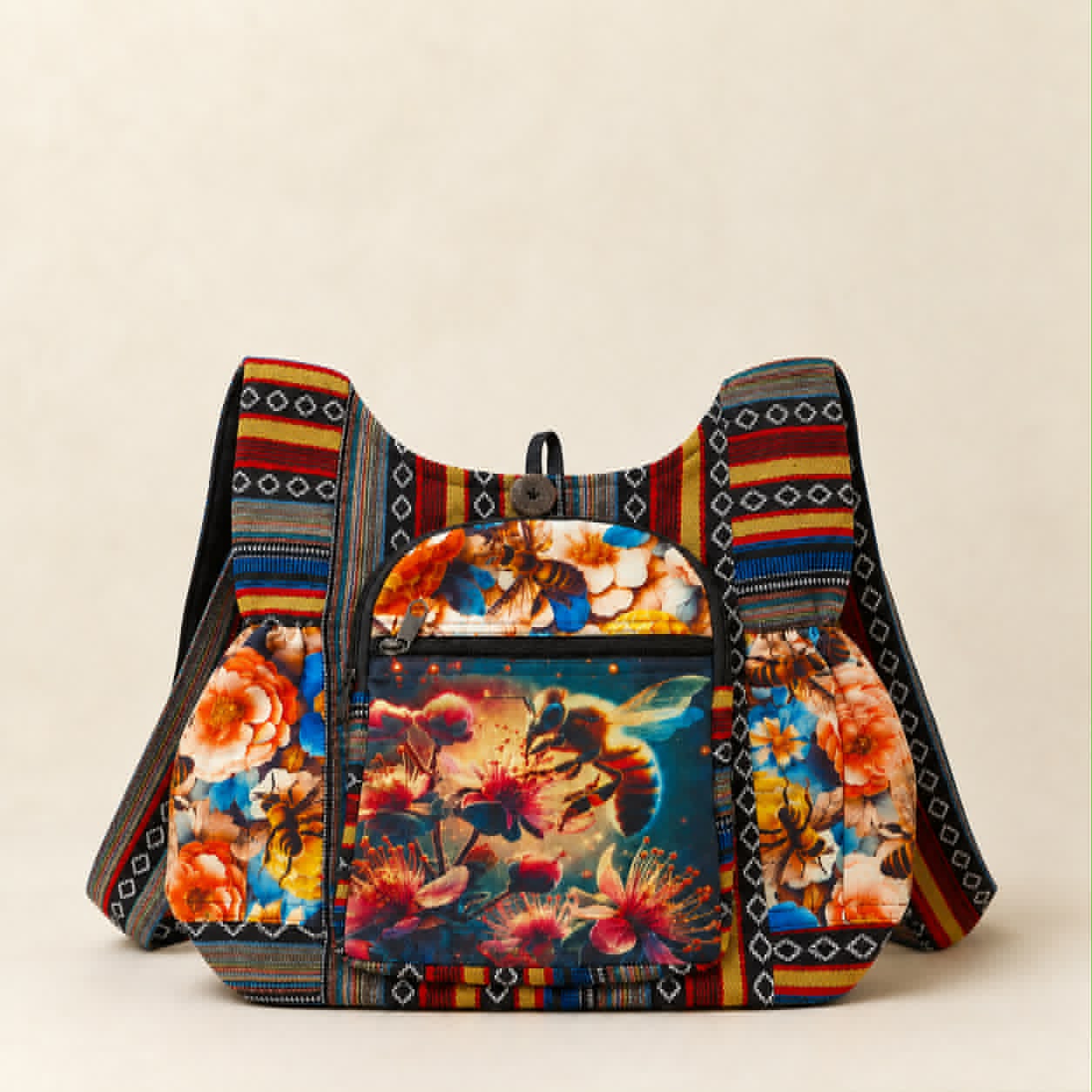 Large Multicolour Boho Cotton Shoulder Bag – Bee & Floral Print