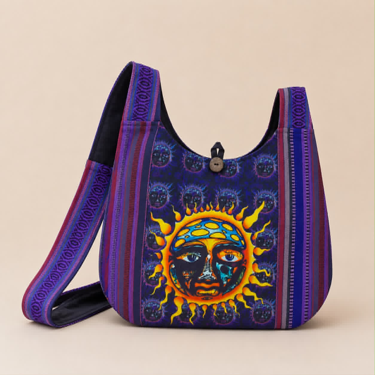 Large Purple Psychedelic Sun Face Cotton Shoulder Bag
