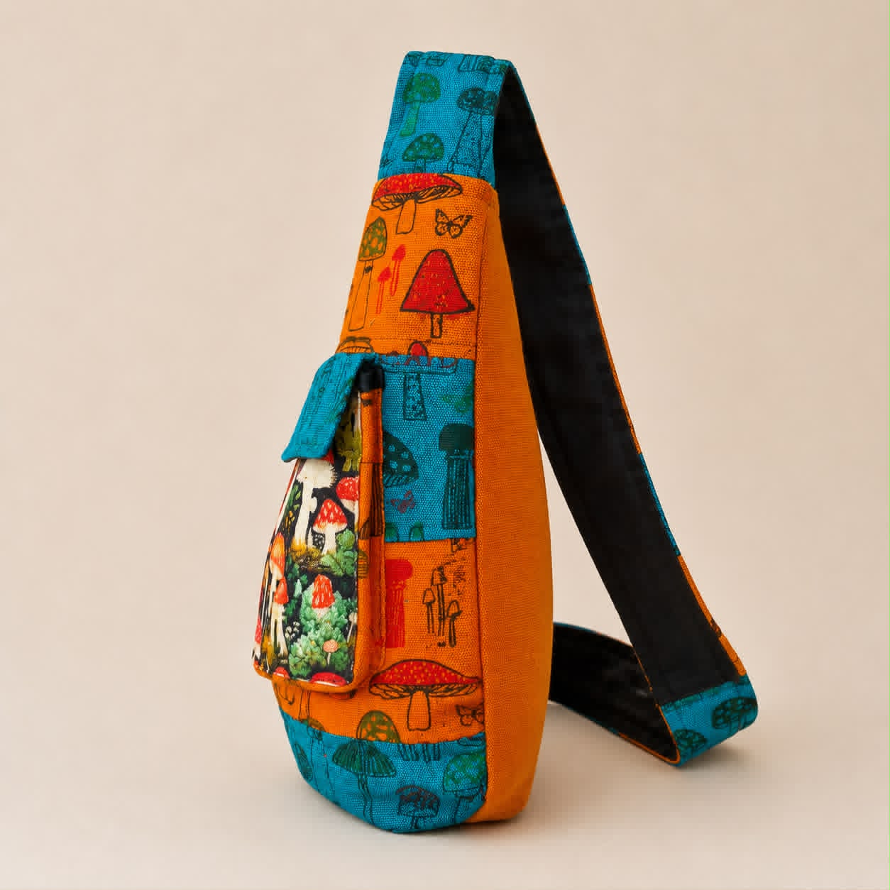 Large Turquoise & Orange Psychedelic Mushroom Print Cotton Shoulder Bag