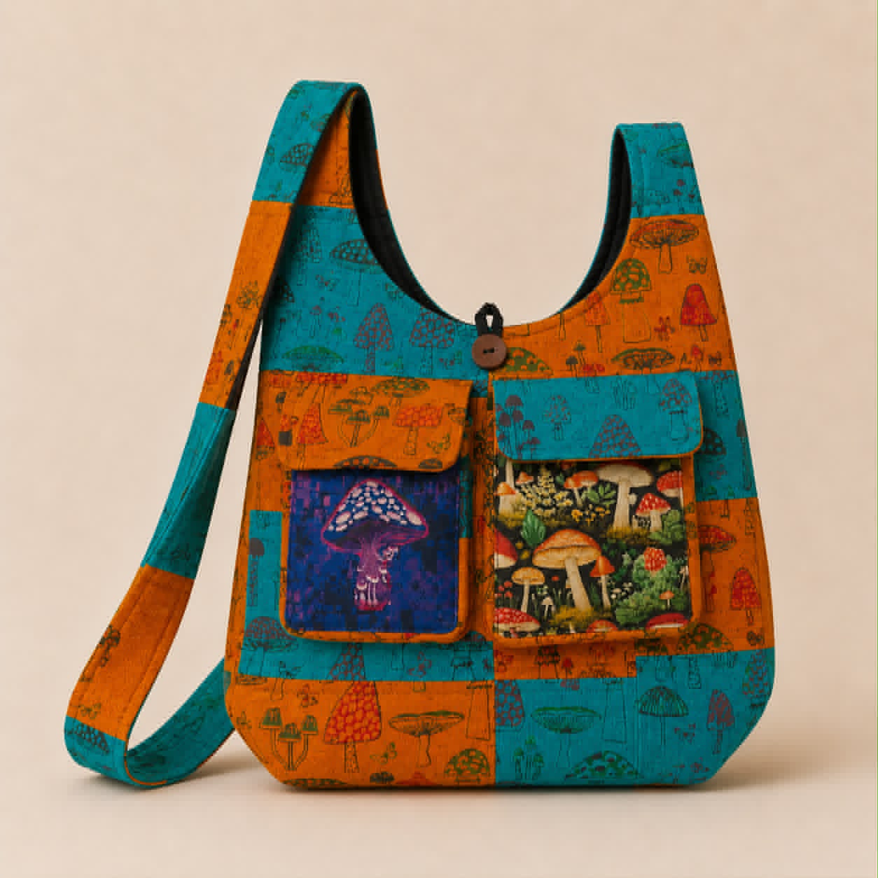 Large Turquoise & Orange Psychedelic Mushroom Print Cotton Shoulder Bag