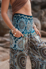 High Crotch Harem Pants - Geometric Mandala Print - Blue/Light Blue
