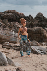 High Crotch Harem Pants - Geometric Mandala Print - Blue/Light Blue