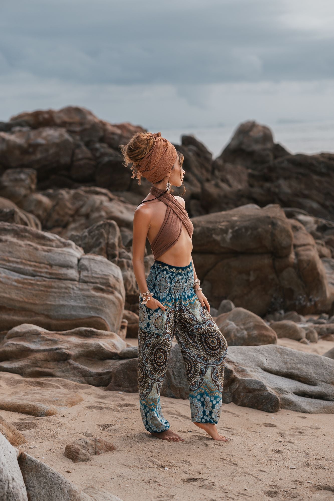 High Crotch Harem Pants - Geometric Mandala Print - Blue/Light Blue