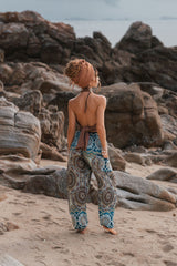 High Crotch Harem Pants - Geometric Mandala Print - Blue/Light Blue