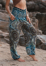 High Crotch Harem Pants - Geometric Mandala Print - Blue/Light Blue