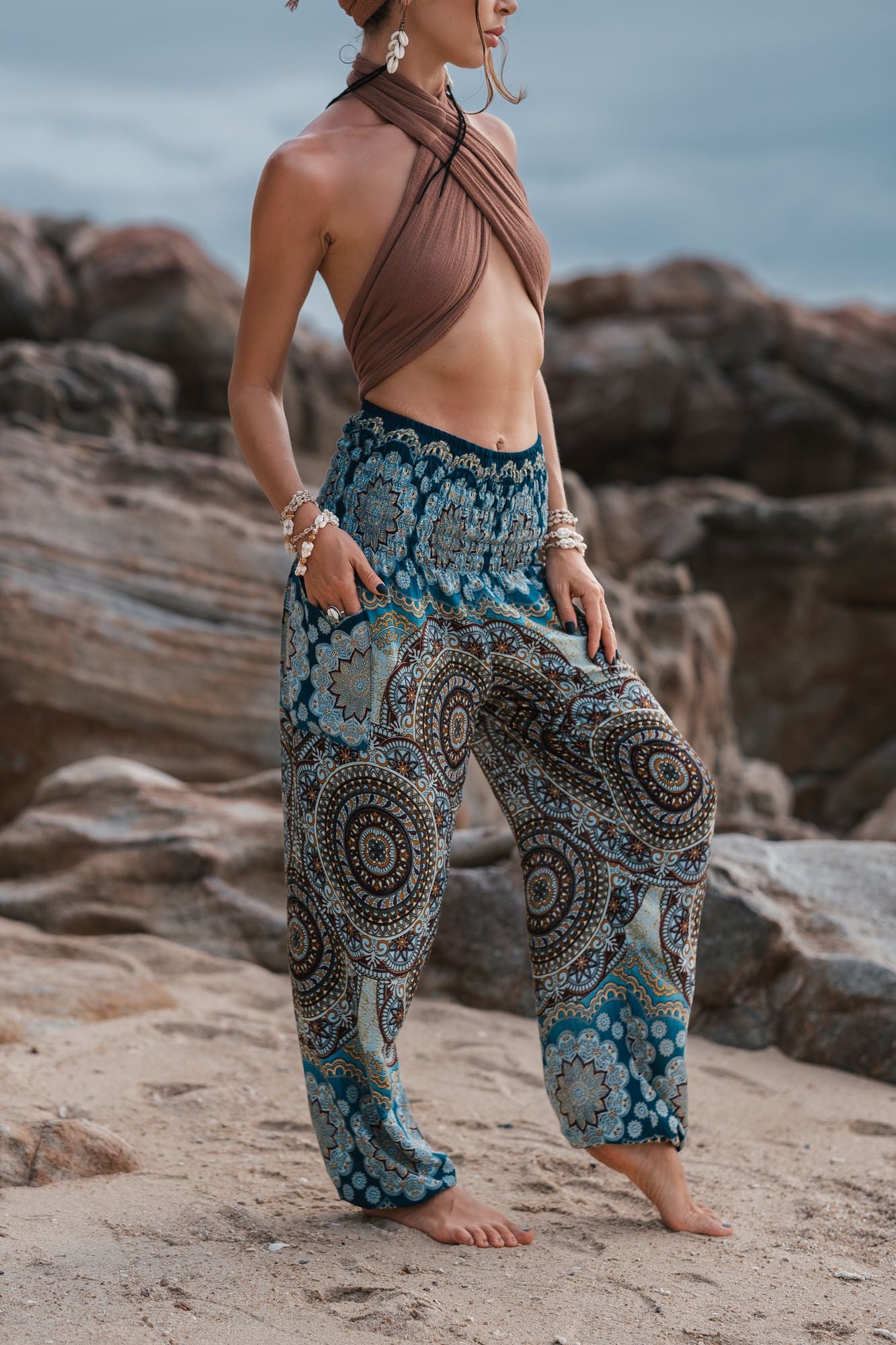 High Crotch Harem Pants - Geometric Mandala Print - Blue/Light Blue