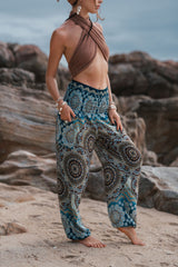 High Crotch Harem Pants - Geometric Mandala Print - Blue/Light Blue