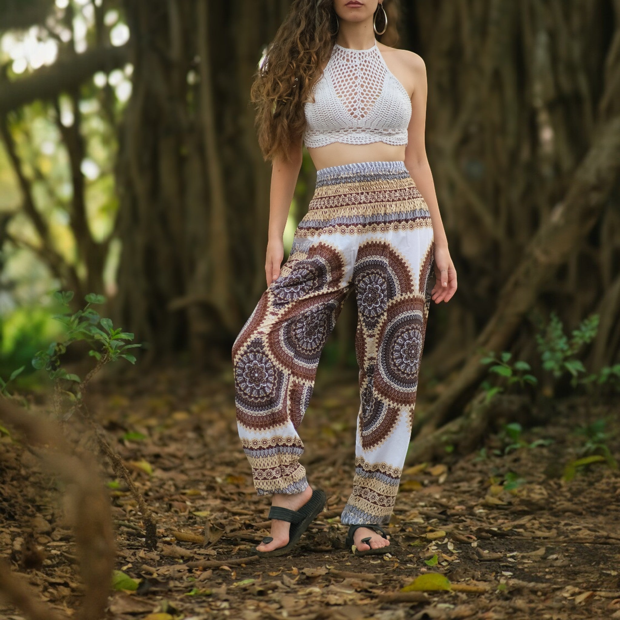 White Mandala High Cut Harem Pants - Brown