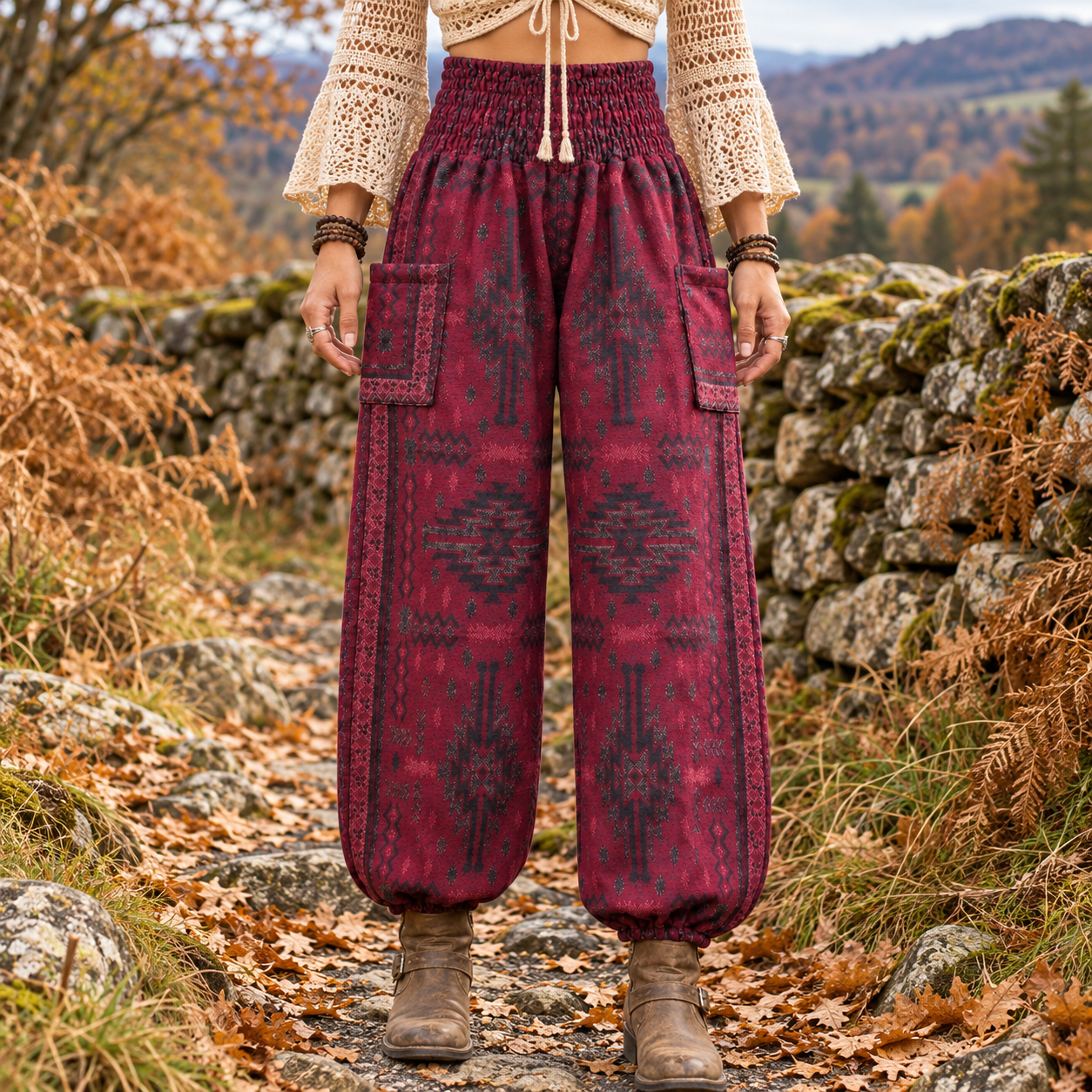Close-up of maroon patterned harem trousers with a deep shirred waistband, low patch pockets, tapered legs and elasticated ankles.