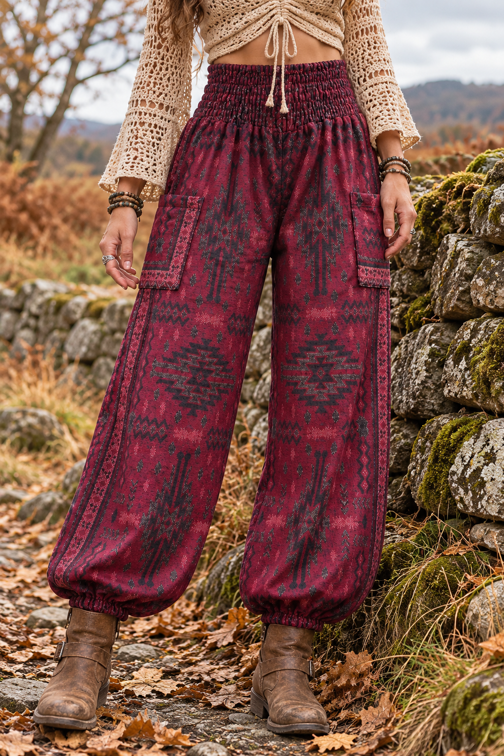 Warm maroon harem trousers for women with a deep shirred waistband, side pockets and elasticated ankles, styled as a boho autumn outfit.