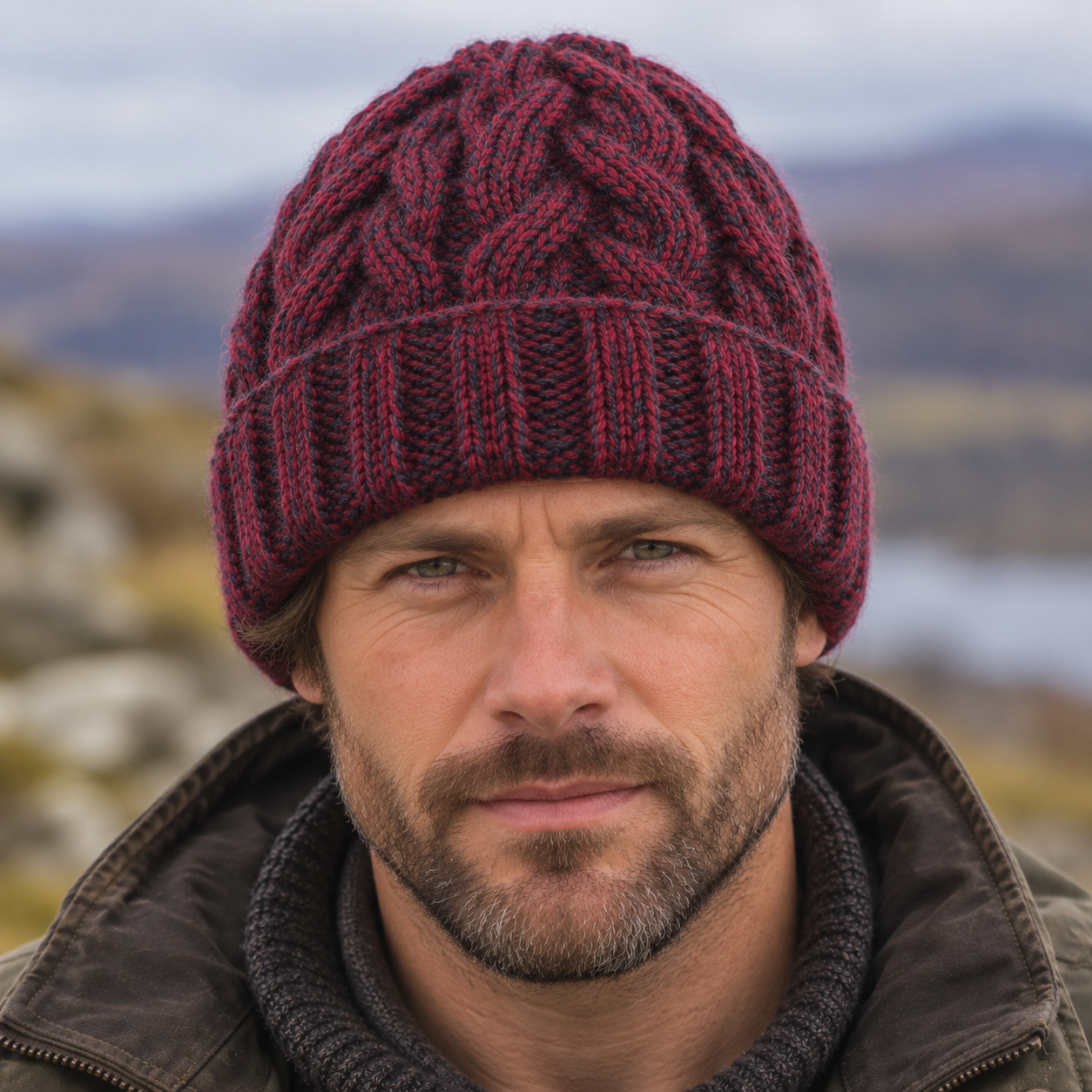 Maroon & Charcoal Cableknit Wool Hat - Fleece Lined