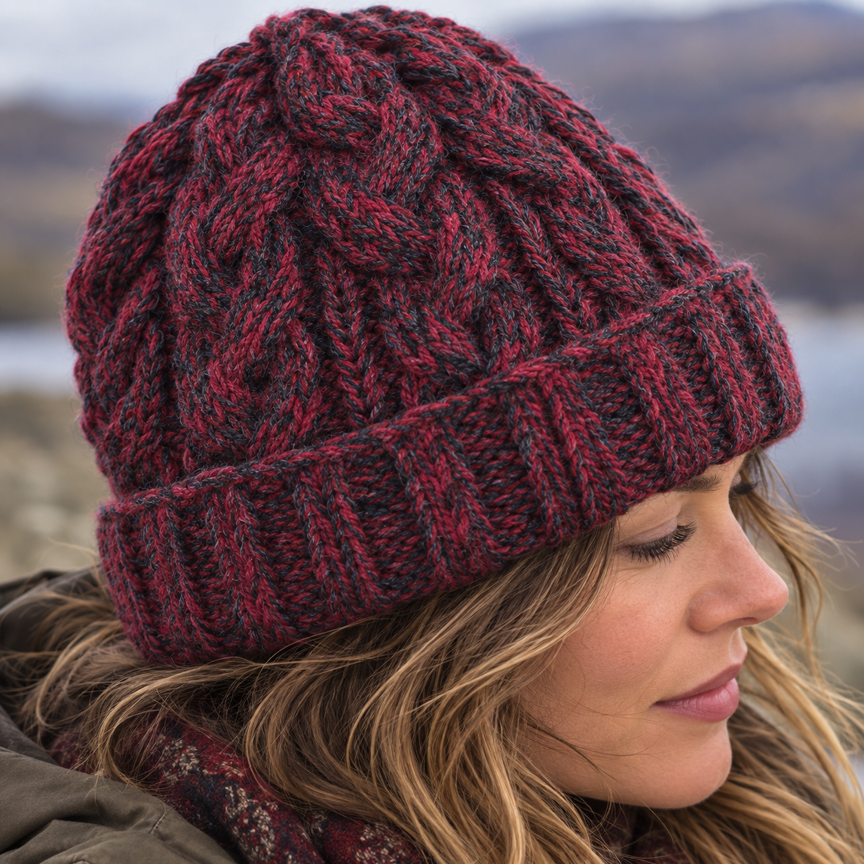 Maroon & Charcoal Cableknit Wool Hat - Fleece Lined