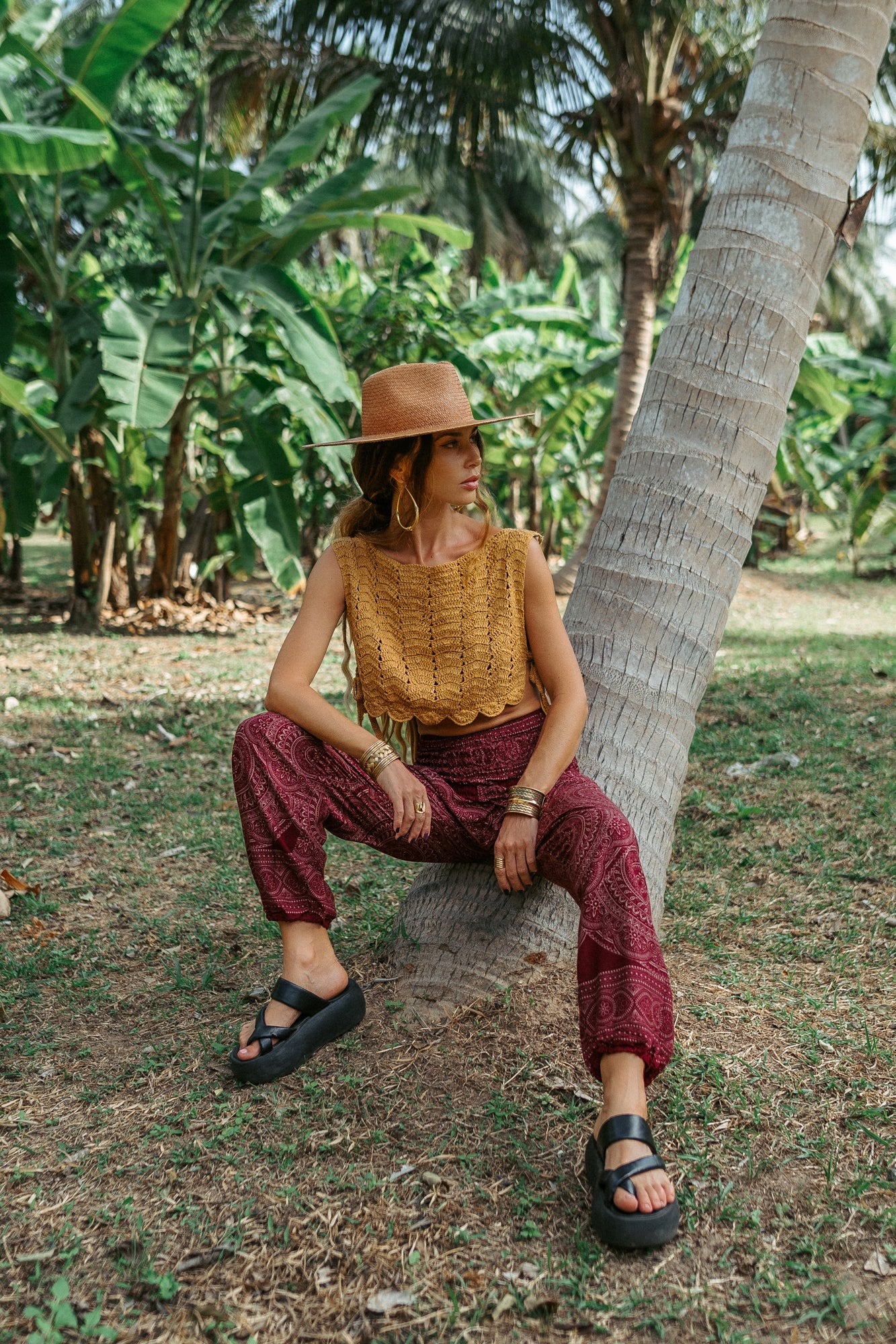 High Crotch Harem Pants - Intricate Mandala - Maroon
