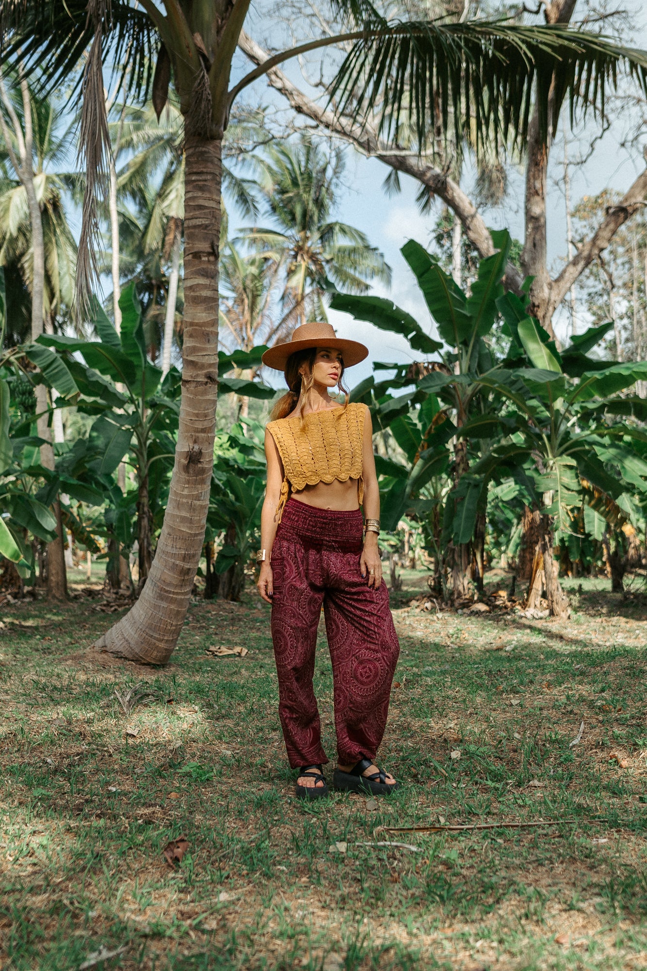 High Crotch Harem Pants - Intricate Mandala - Maroon