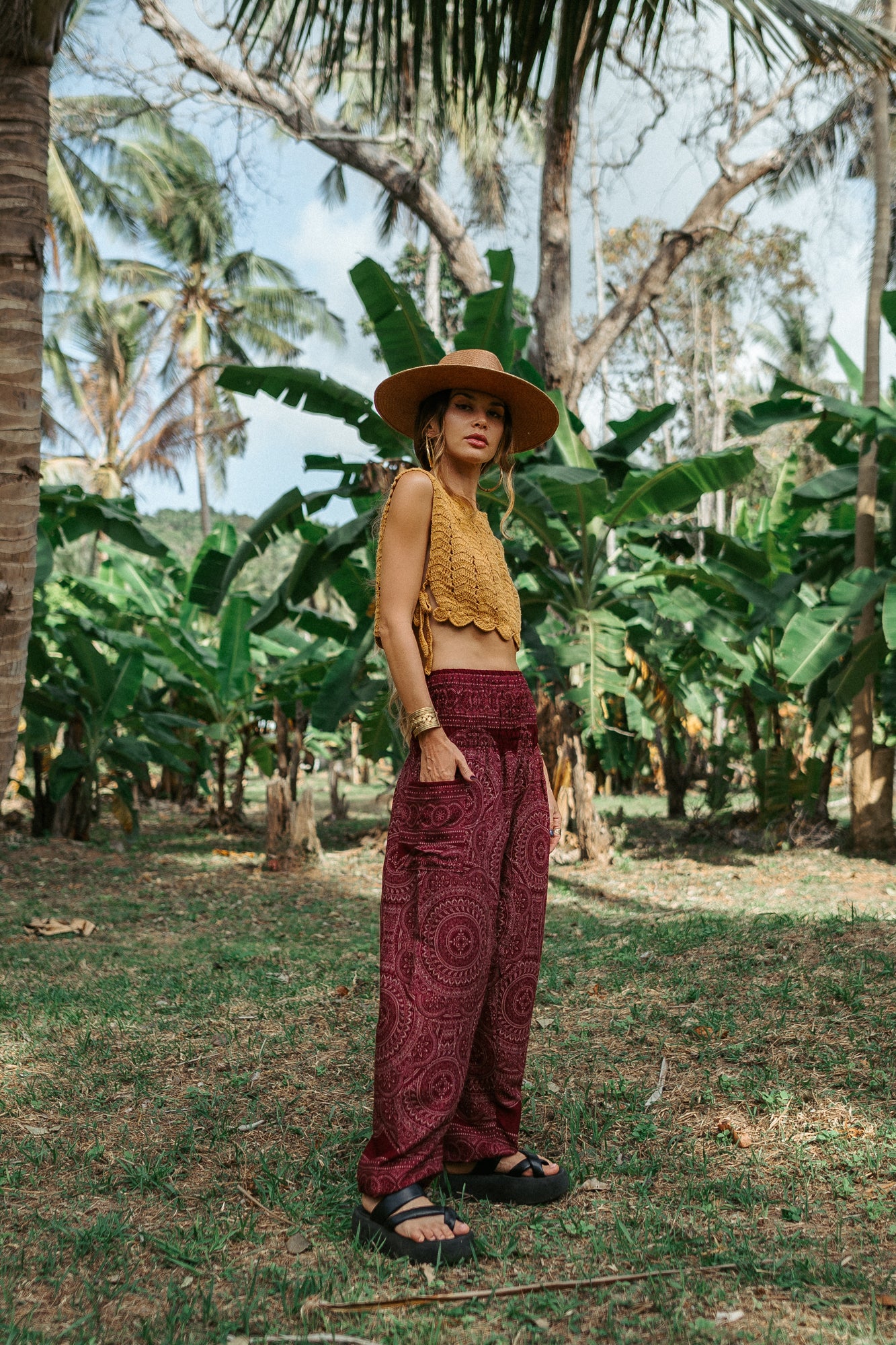 High Crotch Harem Pants - Intricate Mandala - Maroon