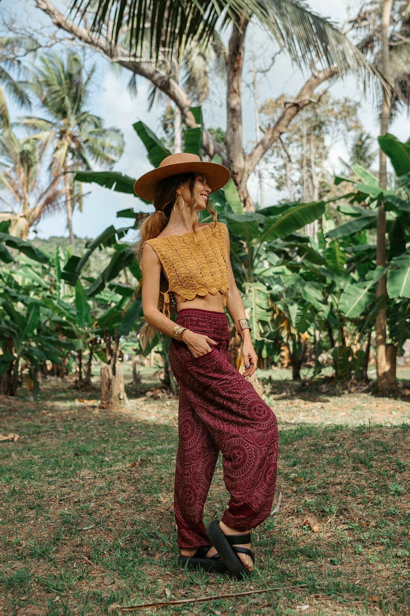 High Crotch Harem Pants - Intricate Mandala - Maroon