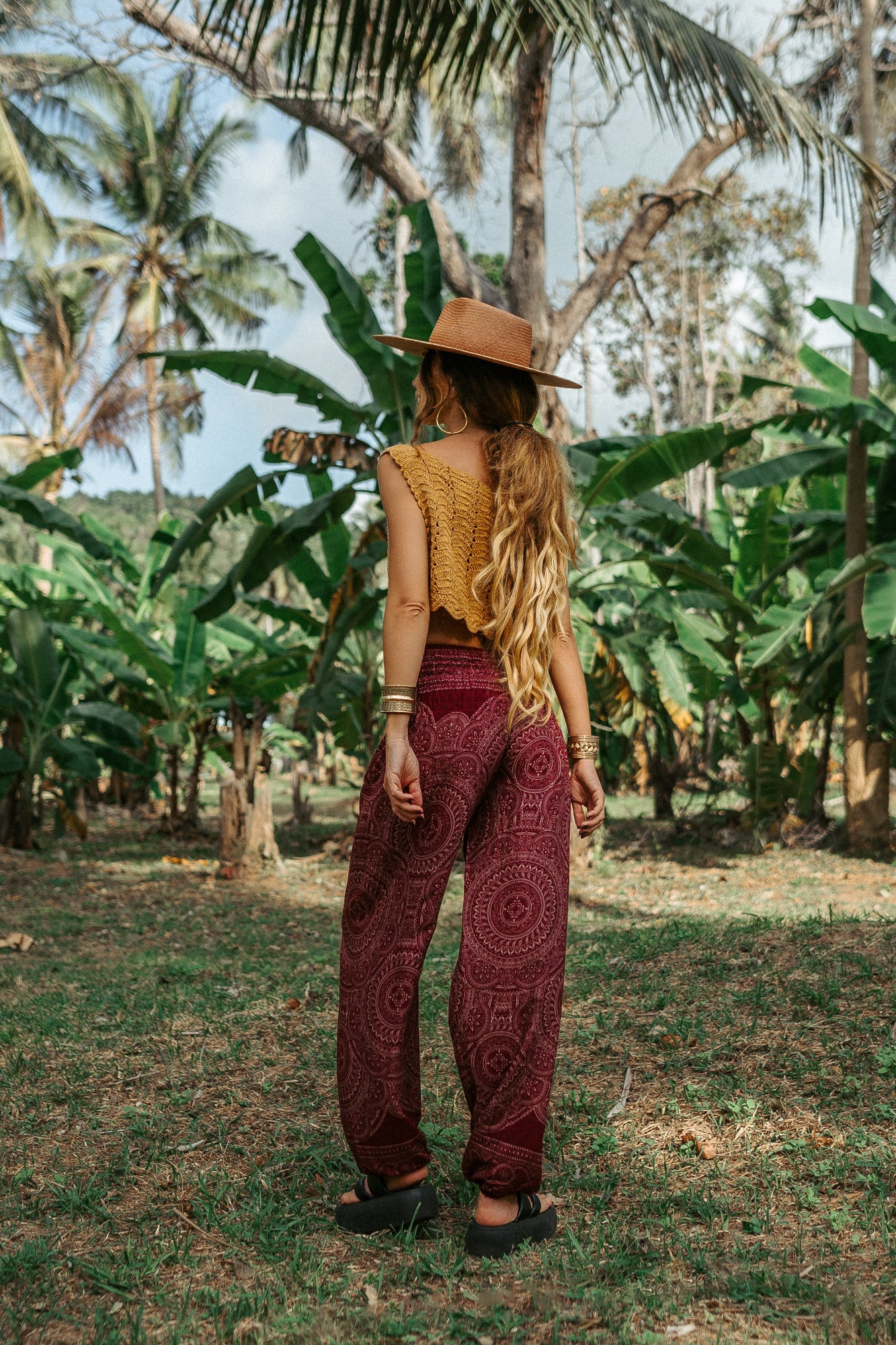 High Crotch Harem Pants - Intricate Mandala - Maroon