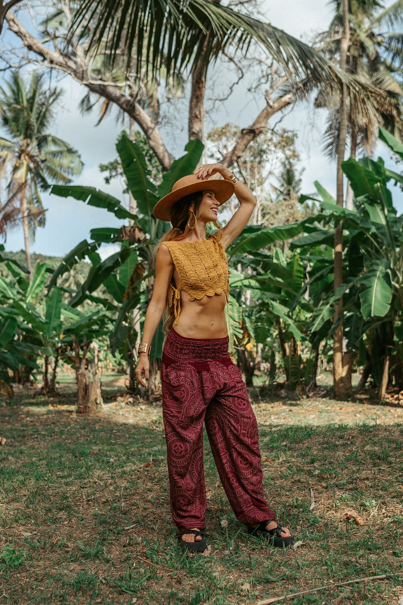 High Crotch Harem Pants - Intricate Mandala - Maroon