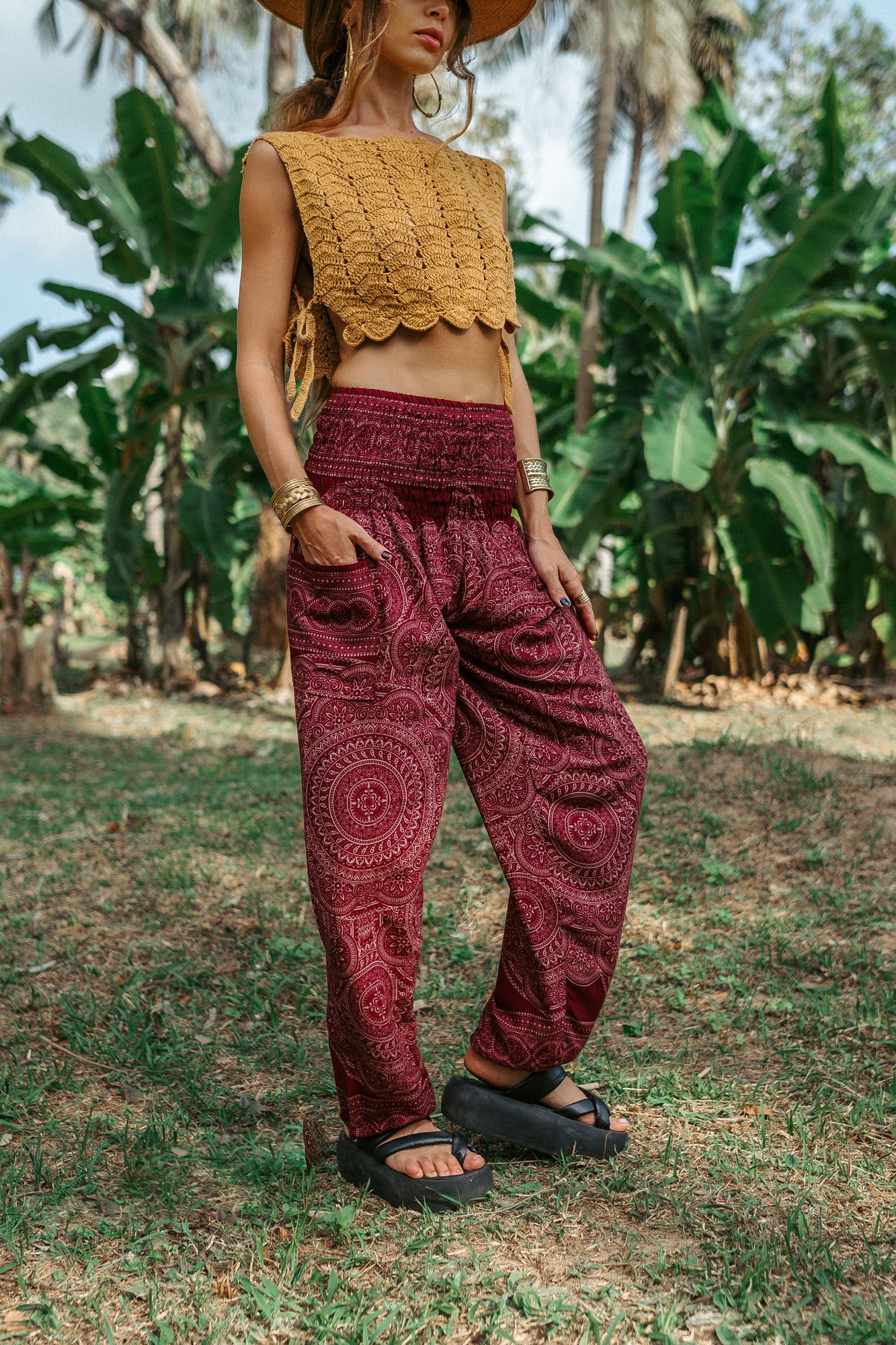 High Crotch Harem Pants - Intricate Mandala - Maroon