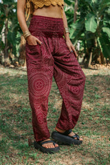 High Crotch Harem Pants - Intricate Mandala - Maroon