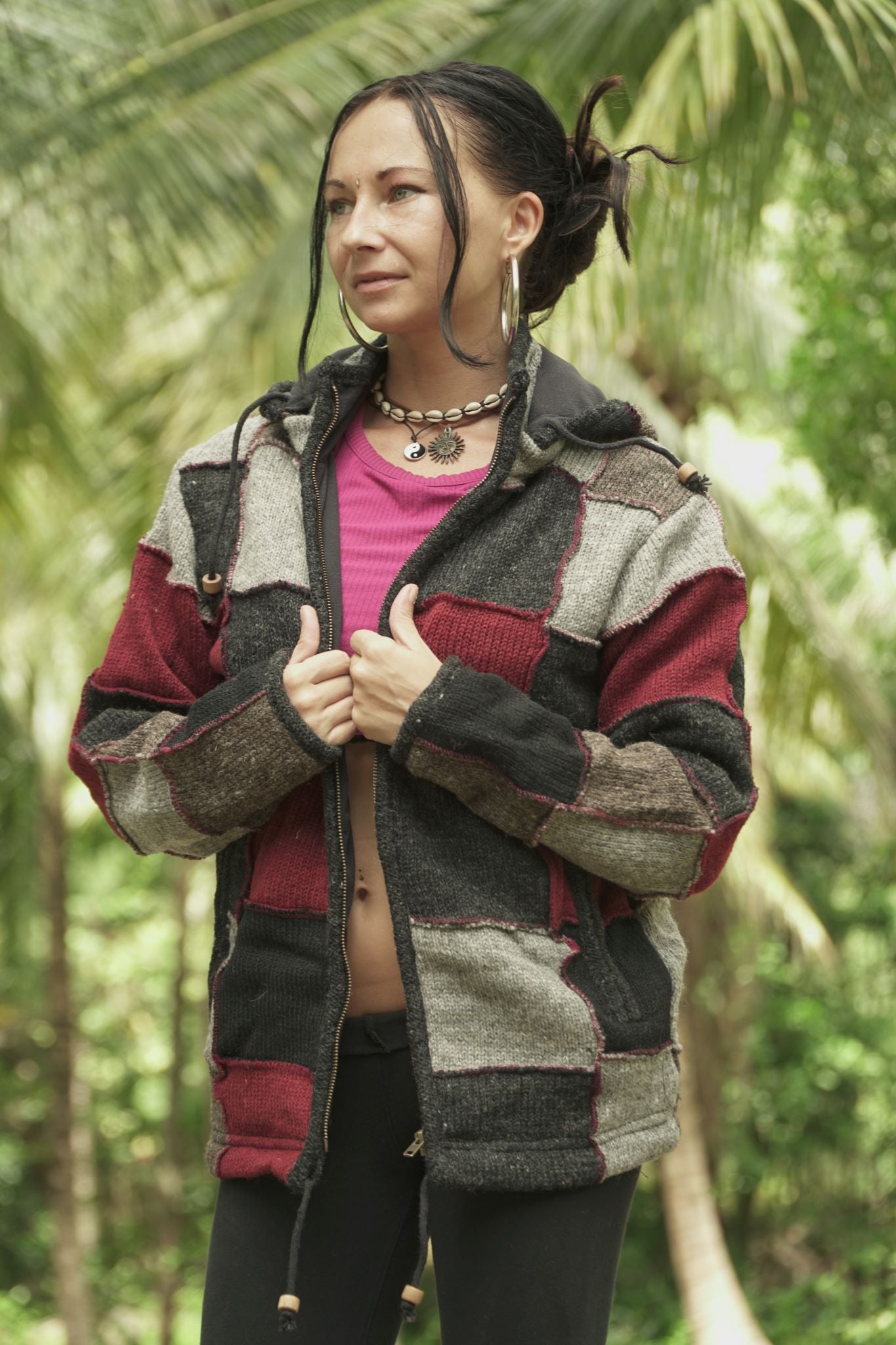 Wool Jacket - Patchwork - Grey/Maroon