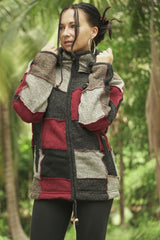 Wool Jacket - Patchwork - Grey/Maroon
